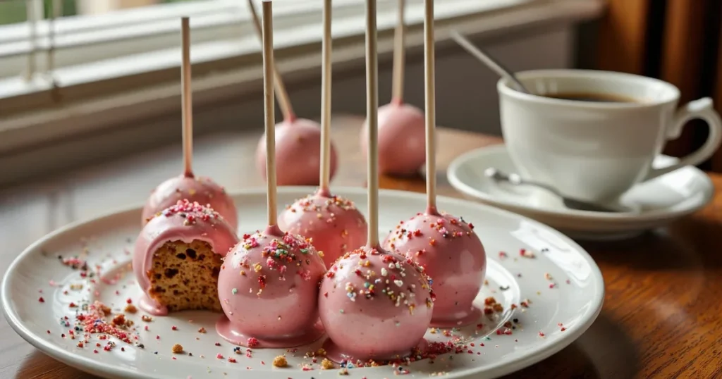 Homemade Starbucks copycat cake pops served on a plate with pink coating and sprinkles