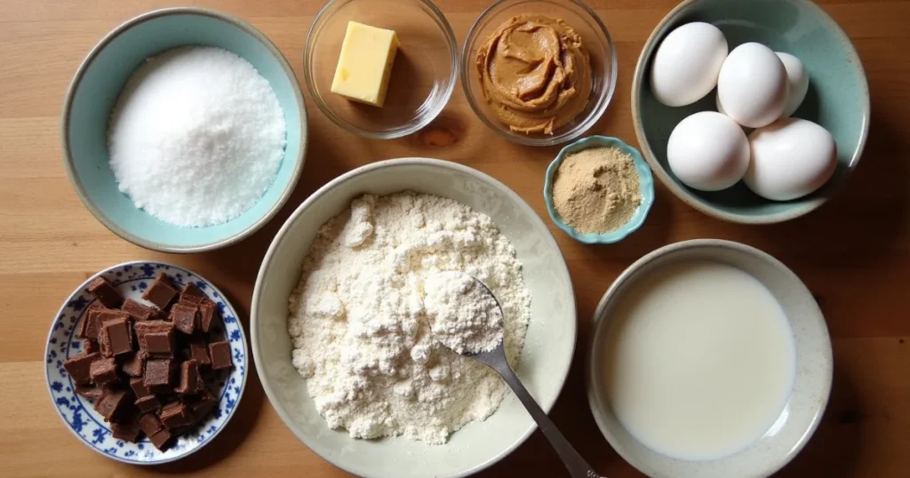 Bowls of ingredients for peanut butter tandy cake including peanut butter, eggs, flour, chocolate, and milk
