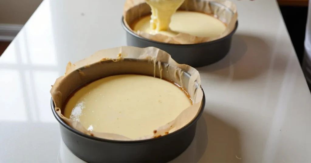 Pouring vanilla cake batter into two 8-inch pans for Berry Chantilly Cake layers