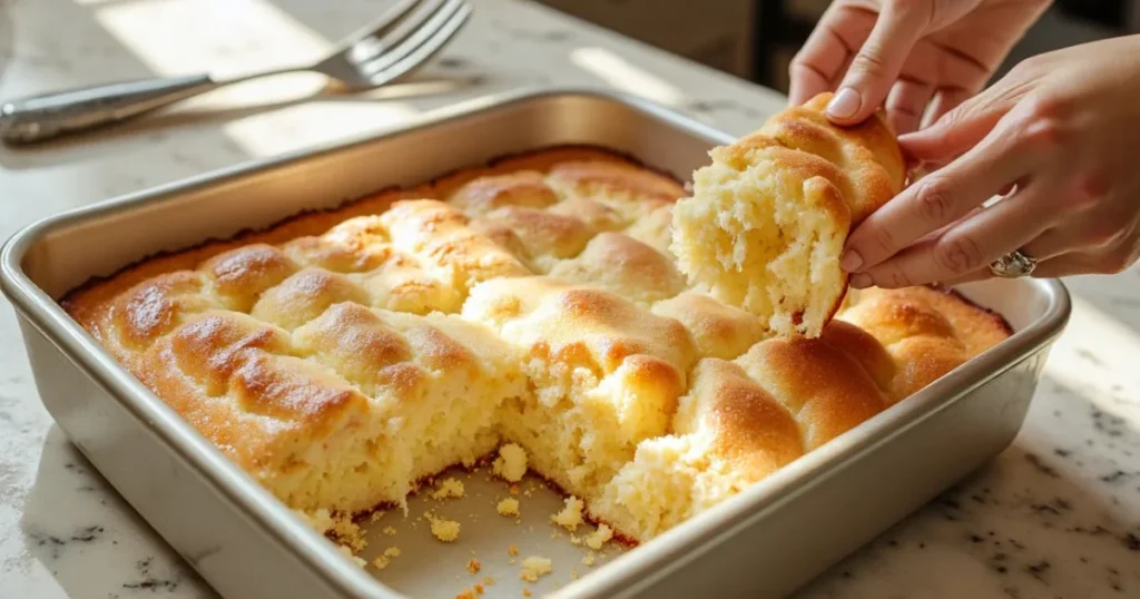 Freshly baked vanilla cake being pulled from pan to make Starbucks-style cake pops