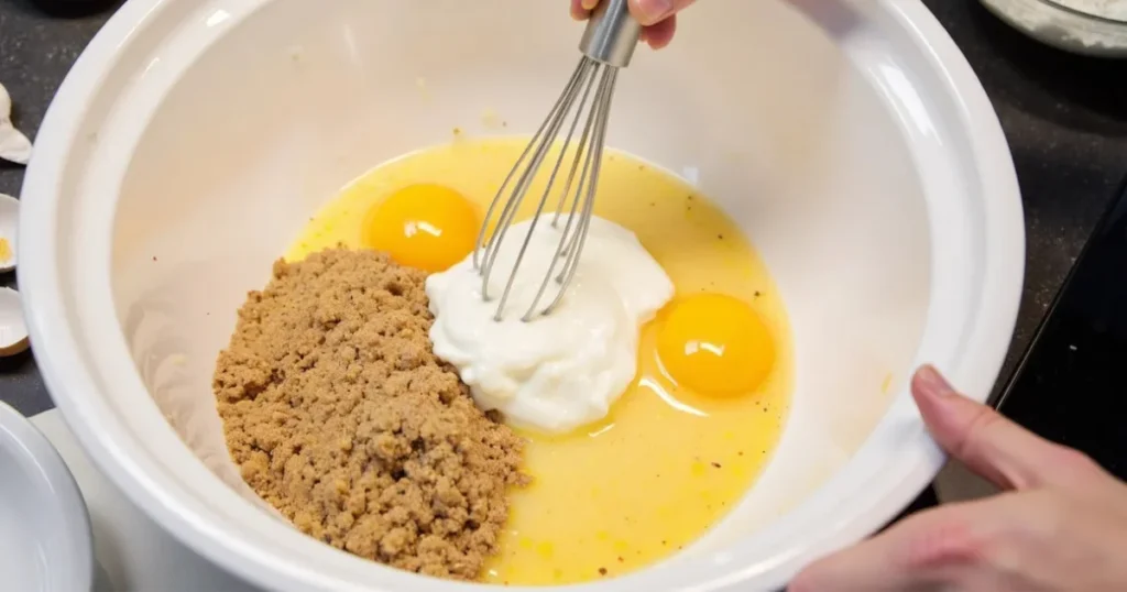 Whisking eggs, brown sugar, sour cream, pineapple, and oil for carrot Bundt cake batter