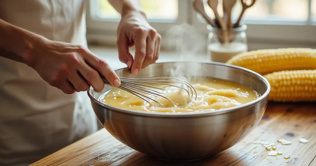 Mixing melted butter, honey and eggs to start Mexican sweet corn cake batter