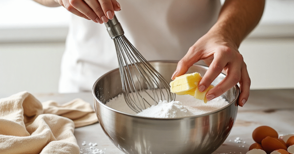 whisking butter and sugar in mixing bowl for bundt cake batter