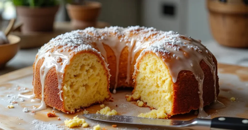 Glazed cream cheese pound cake on counter dusted with powdered sugar