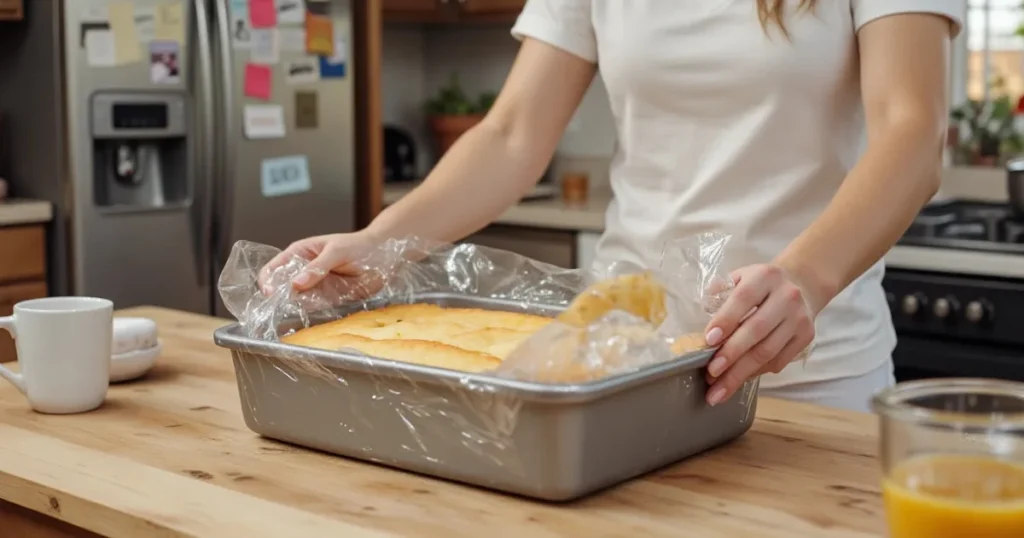Wrapping baked Dr Pepper cake in pan with plastic wrap for storage