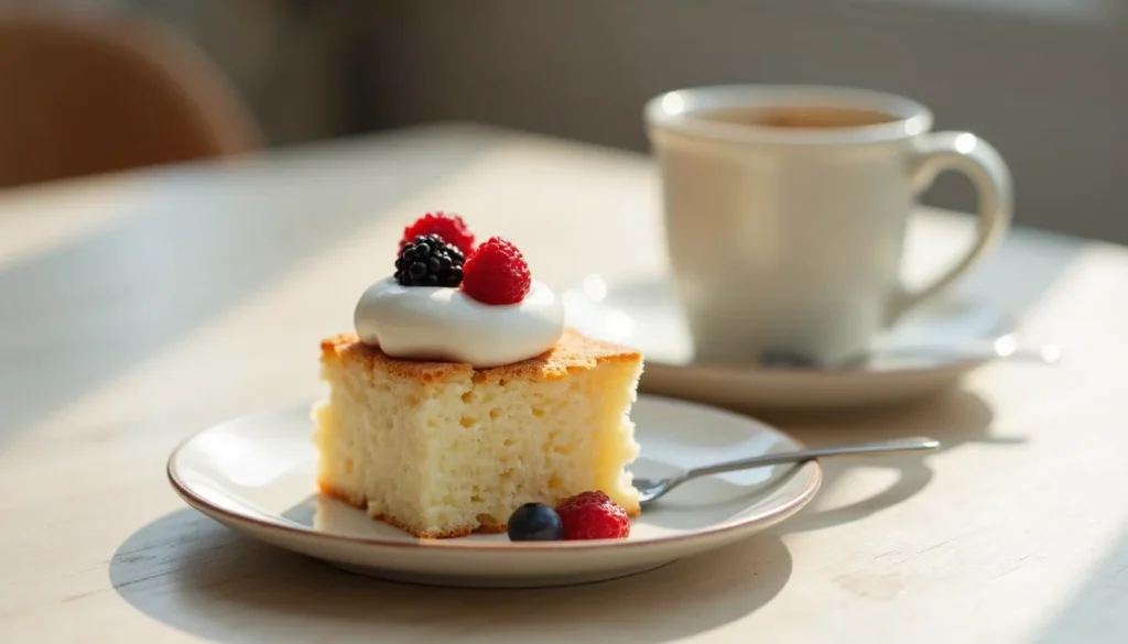 Square slice of yogurt cloud cake with whipped cream and berries beside coffee cup