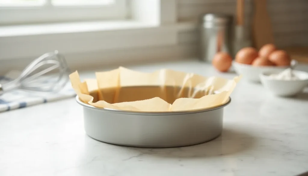 Pan lined with parchment paper ready for baking yogurt cloud cake
