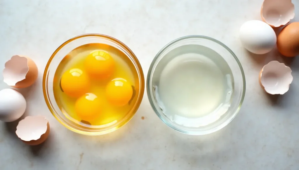 Four egg yolks and separated egg whites in glass bowls with shells