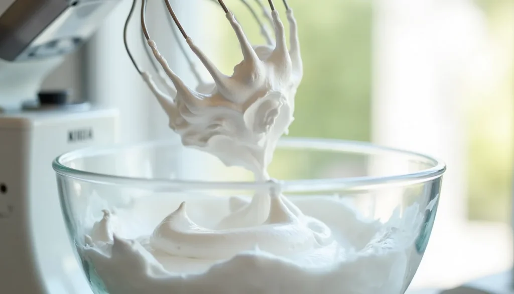 Whipped egg whites forming stiff glossy peaks in a glass bowl for cloud cake batter
