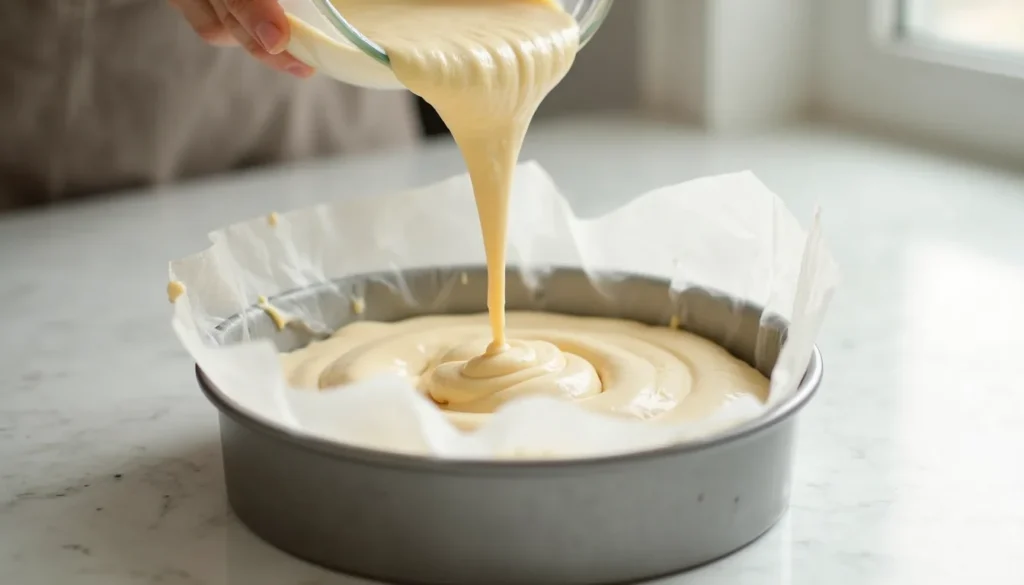 Pouring cloud cake batter into a parchment-lined round baking pan