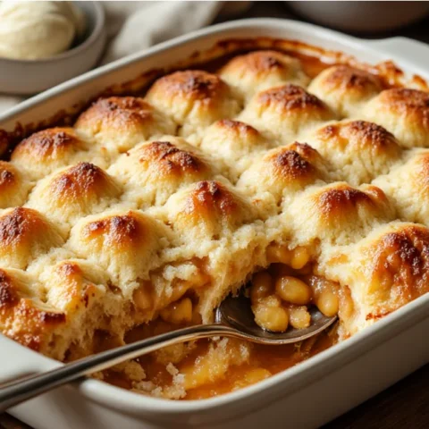 Golden 9×13 apple cobbler with bubbling cinnamon apples and a missing corner scoop on a wooden table.