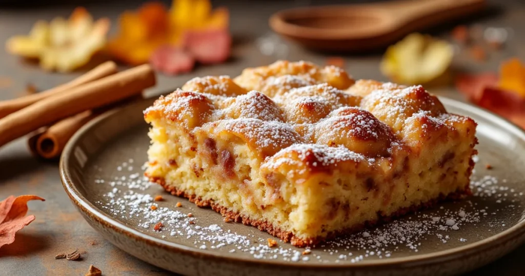 Moist slice of old-fashioned applesauce snack cake dusted with powdered sugar, served on a rustic plate with fall leaves and cinnamon sticks in the background.
