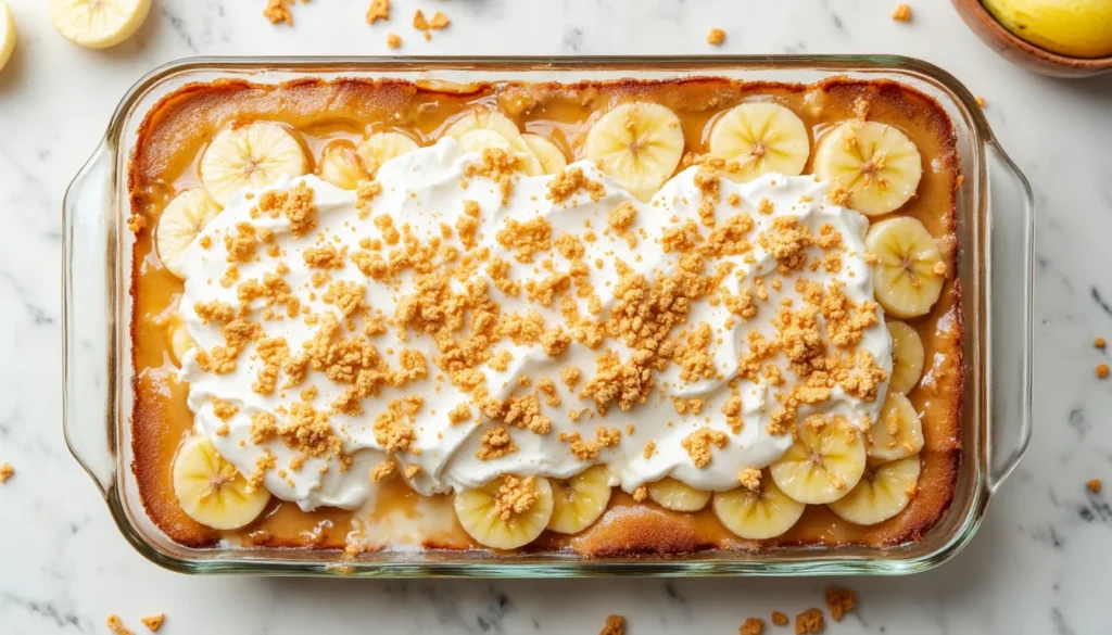 Top down view of banana butterscotch poke cake in a glass dish, layered with sliced bananas, whipped topping and crunchy crumbs.