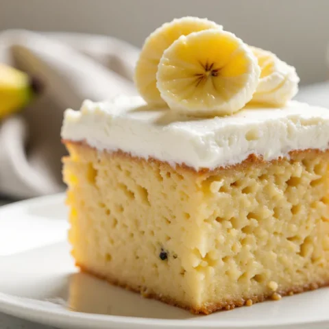 Slice of banana pudding poke cake topped with whipped cream and fresh banana slices, served on a white plate with vanilla wafers and bananas in the background.