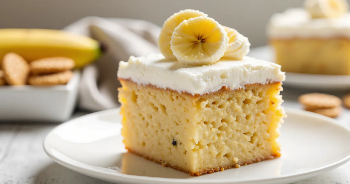 Slice of banana pudding poke cake topped with whipped cream and fresh banana slices, served on a white plate with vanilla wafers and bananas in the background.