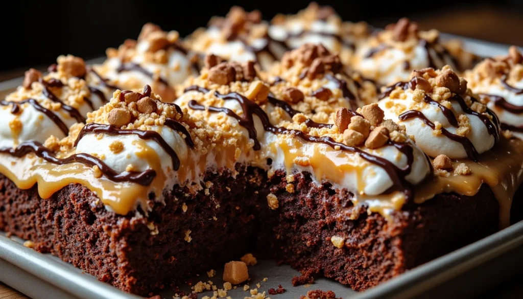 Rich chocolate butterscotch poke cake topped with whipped cream, caramel drizzle, chocolate sauce and crunchy toffee pieces with slices removed.