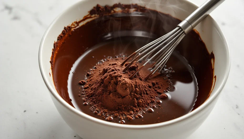 Small bowl of cocoa powder mixed with hot coffee forming glossy chocolate mixture