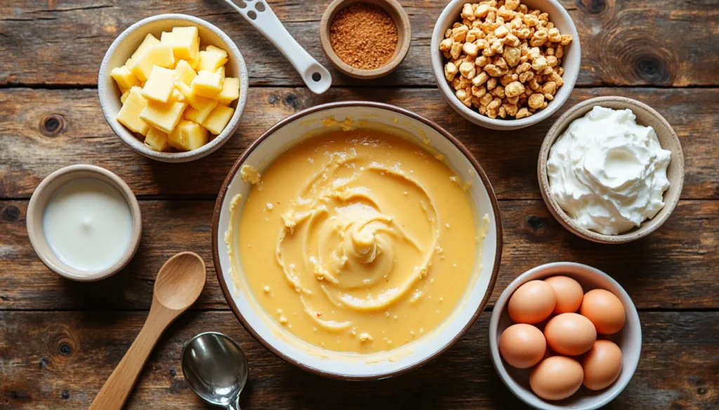 Overhead view of butterscotch poke cake ingredients in bowls, including pudding, milk, butter cubes, whipped topping and eggs on a wooden table.