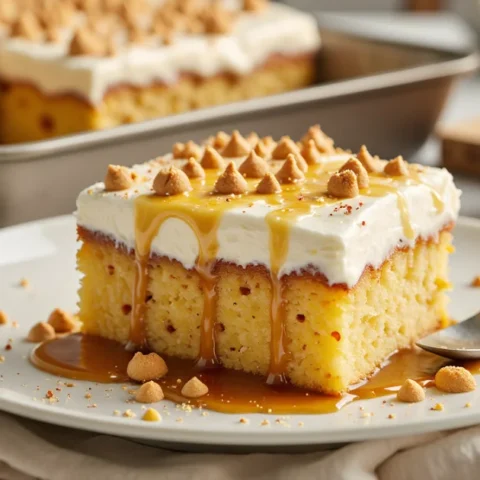 Slice of butterscotch poke cake topped with whipped cream, butterscotch chips, and caramel sauce, served on a white plate with a spoon and full cake in the background.