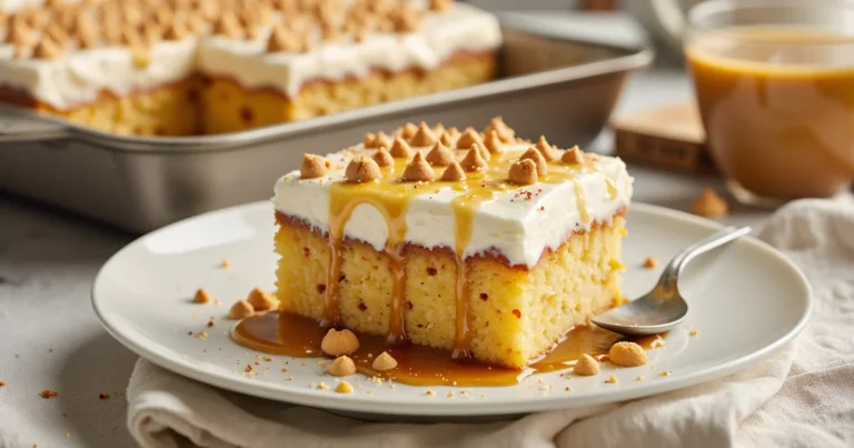 Slice of butterscotch poke cake topped with whipped cream, butterscotch chips, and caramel sauce, served on a white plate with a spoon and full cake in the background.