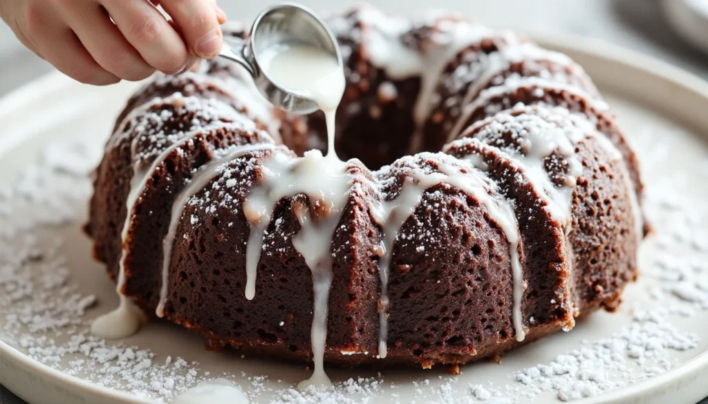 Hand pouring white vanilla glaze over a chocolate bundt cake dusted with powdered sugar for a lighter topping option.
