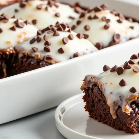 Moist chocolate poke cake square topped with caramel, white frosting, and mini chocolate chips on a dessert plate