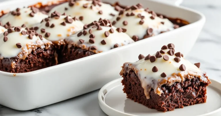 Moist chocolate poke cake square topped with caramel, white frosting, and mini chocolate chips on a dessert plate