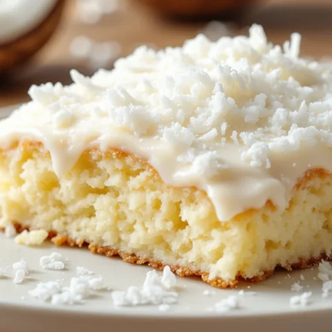 Slice of moist coconut sheet cake topped with creamy frosting and shredded coconut, served on a white plate with coconut pieces in the background.