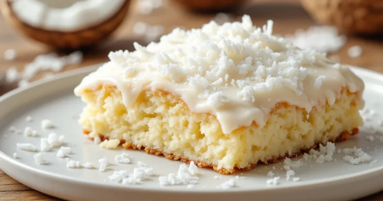 Slice of moist coconut sheet cake topped with creamy frosting and shredded coconut, served on a white plate with coconut pieces in the background.