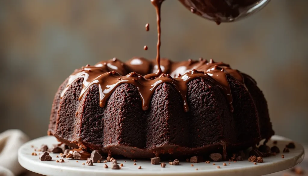 Warm chocolate ganache being poured over a triple fudge bundt cake, dripping slowly down the sides.