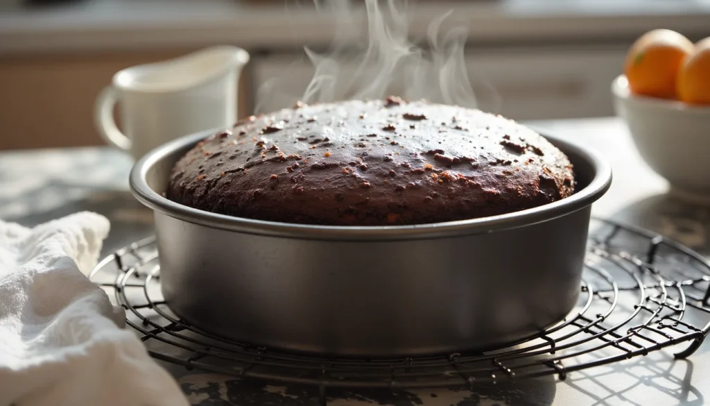 Freshly baked single-layer chocolate cake cooling on wire rack with parchment underneath