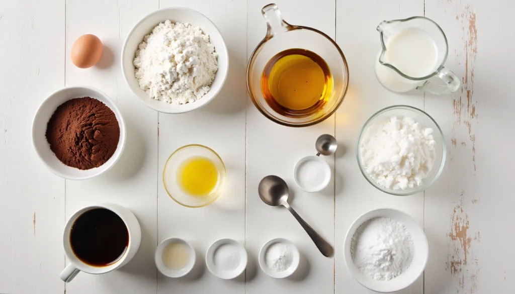 Overhead view of flour cocoa sugar eggs oil and buttermilk arranged for simple chocolate cake ingredients