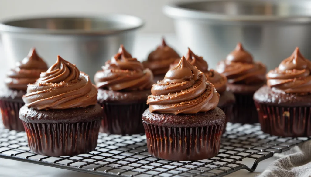 Collage showing chocolate cupcakes and a simple sheet cake sliced into squares from same batter