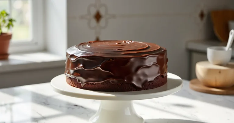 A simple, single-layer chocolate cake fully frosted with glossy ganache, sitting on a white cake stand in a cozy kitchen setting, perfect for beginner bakers.
