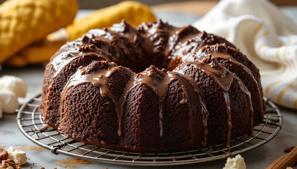 Moist chocolate fudge bundt cake cooling on a wire rack with light glaze drips over the ridges.