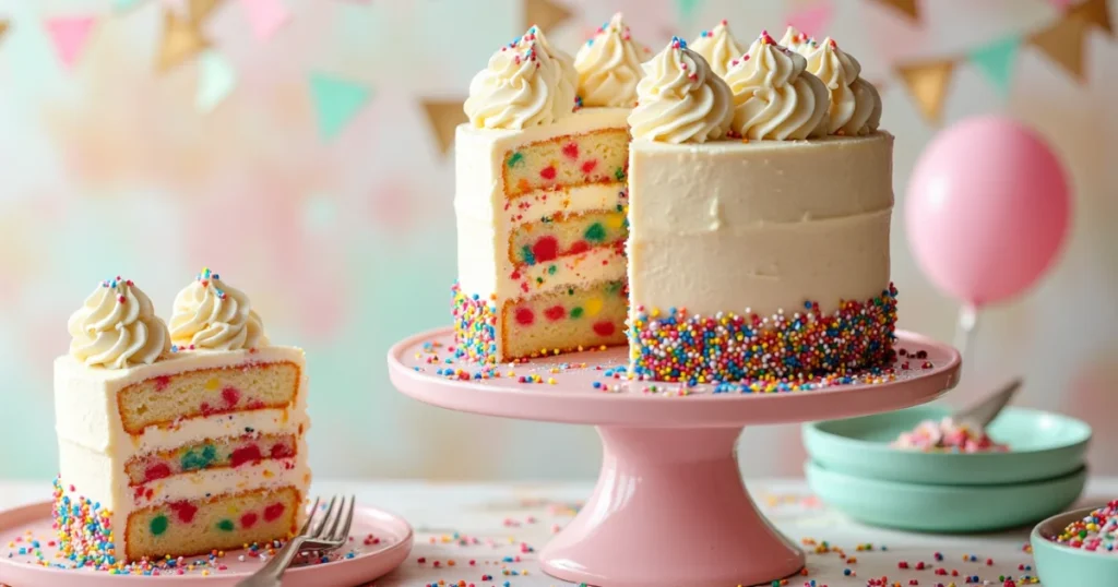 Layered funfetti vanilla birthday cake with buttercream frosting and colorful sprinkles on pink cake stand