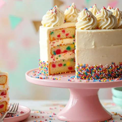 Layered funfetti vanilla birthday cake with buttercream frosting and colorful sprinkles on pink cake stand