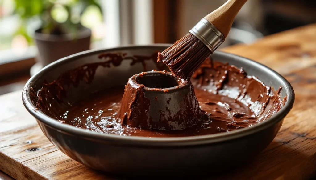 Pastry brush spreading cocoa butter paste inside an empty bundt pan to prevent a chocolate cake from sticking.