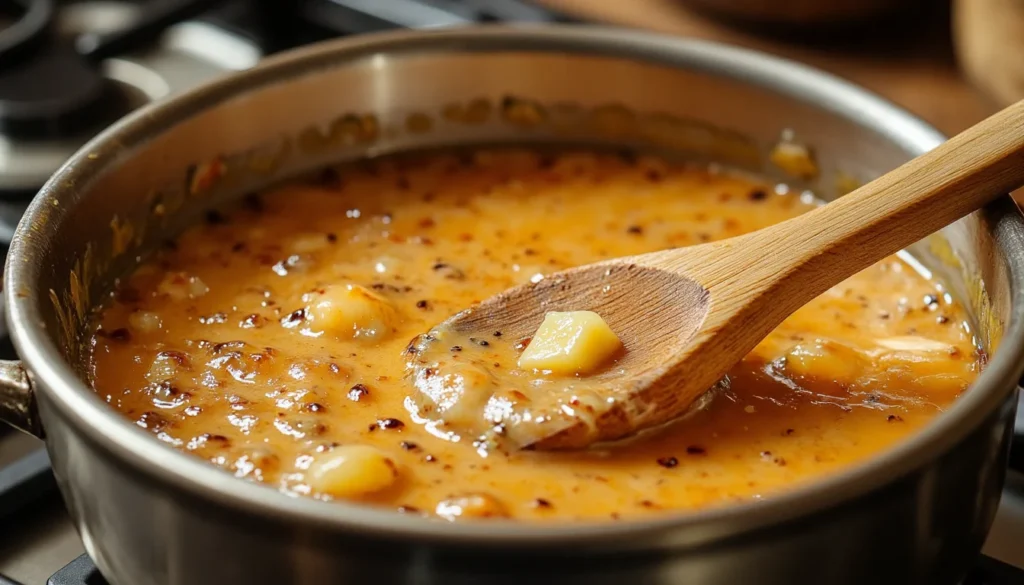 Wooden spoon stirring a saucepan of homemade butterscotch sauce with small buttery chunks melting into the mixture.