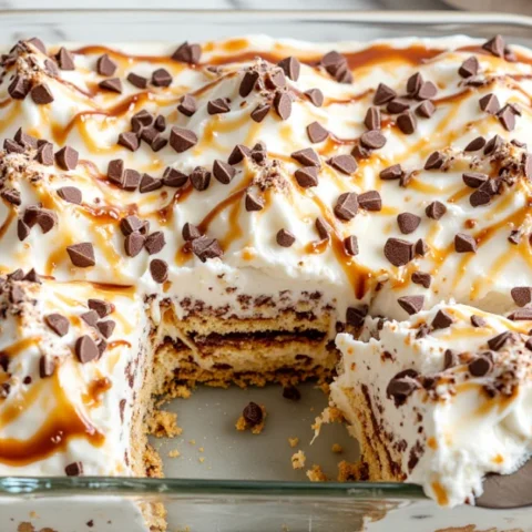 Slice being lifted from a layered ice‑cream sandwich cake drizzled with fudge and caramel in a 9×13 dish.