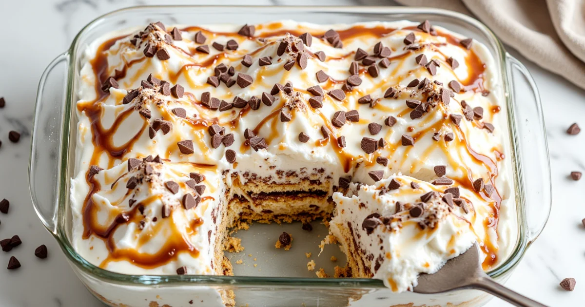 Slice being lifted from a layered ice‑cream sandwich cake drizzled with fudge and caramel in a 9×13 dish.