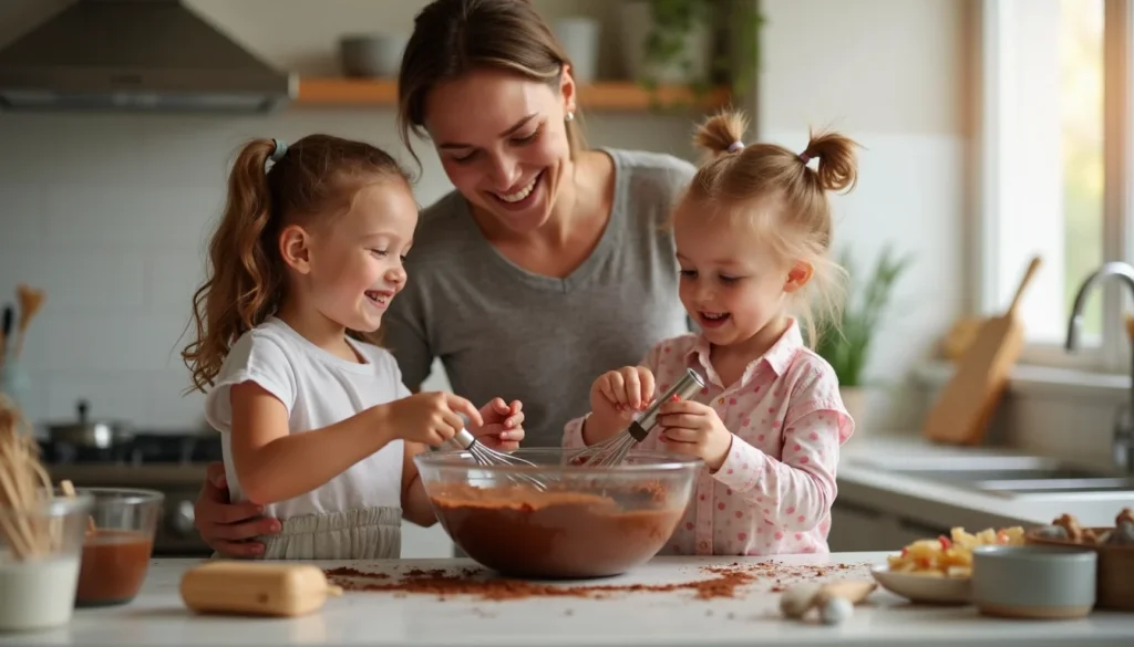 Children whisking chocolate cake batter in a bowl with adult guiding their hands