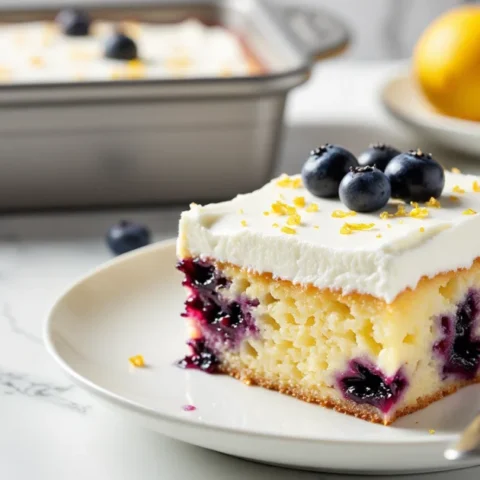 Slice of lemon blueberry poke cake topped with whipped cream, fresh blueberries, and lemon zest, served on a white plate with the full cake in the background.