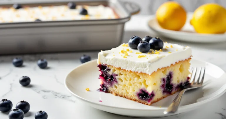 Slice of lemon blueberry poke cake topped with whipped cream, fresh blueberries, and lemon zest, served on a white plate with the full cake in the background.