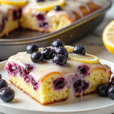 Slice of lemon blueberry sheet cake topped with lemon glaze, fresh blueberries, and a lemon slice, served on a white plate with the full cake in the background.