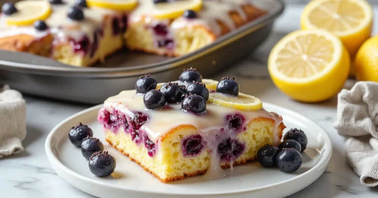 Slice of lemon blueberry sheet cake topped with lemon glaze, fresh blueberries, and a lemon slice, served on a white plate with the full cake in the background.