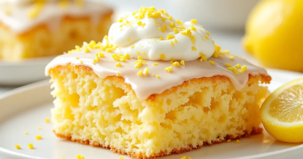 A slice of moist lemon poke cake topped with whipped cream and lemon zest, filled with bright lemon Jell-O, served on a white plate with a lemon wedge.