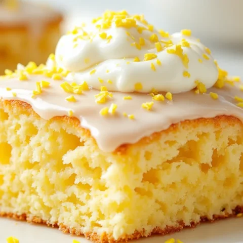 A slice of moist lemon poke cake topped with whipped cream and lemon zest, filled with bright lemon Jell-O, served on a white plate with a lemon wedge.