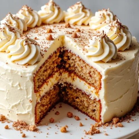 Frosted apple spice layer cake with cream cheese frosting, apple filling, and piped swirls on top, displayed on a white cake stand with fresh apples nearby.