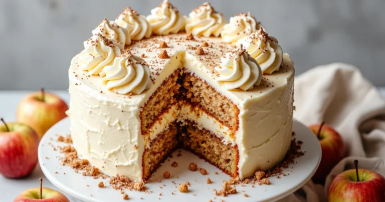 Frosted apple spice layer cake with cream cheese frosting, apple filling, and piped swirls on top, displayed on a white cake stand with fresh apples nearby.
